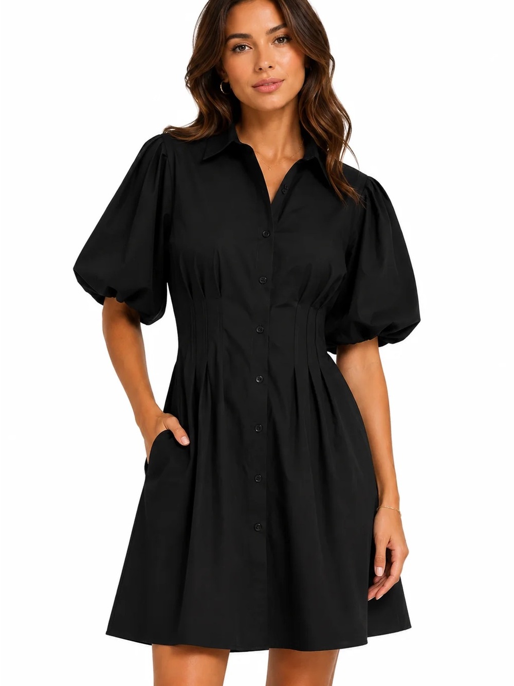 Anthropologie bishop + young NWT Jacqueline Black Midi Bubble Sleeve Dress